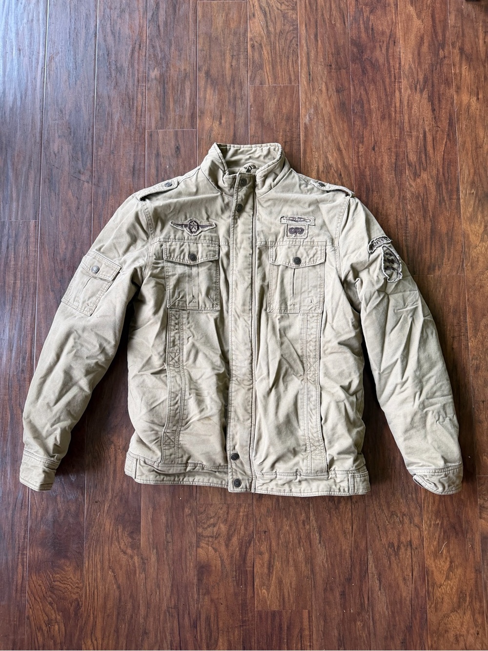 WenVen Men’s Khaki Military Field Jacket Patches Utility Workwear